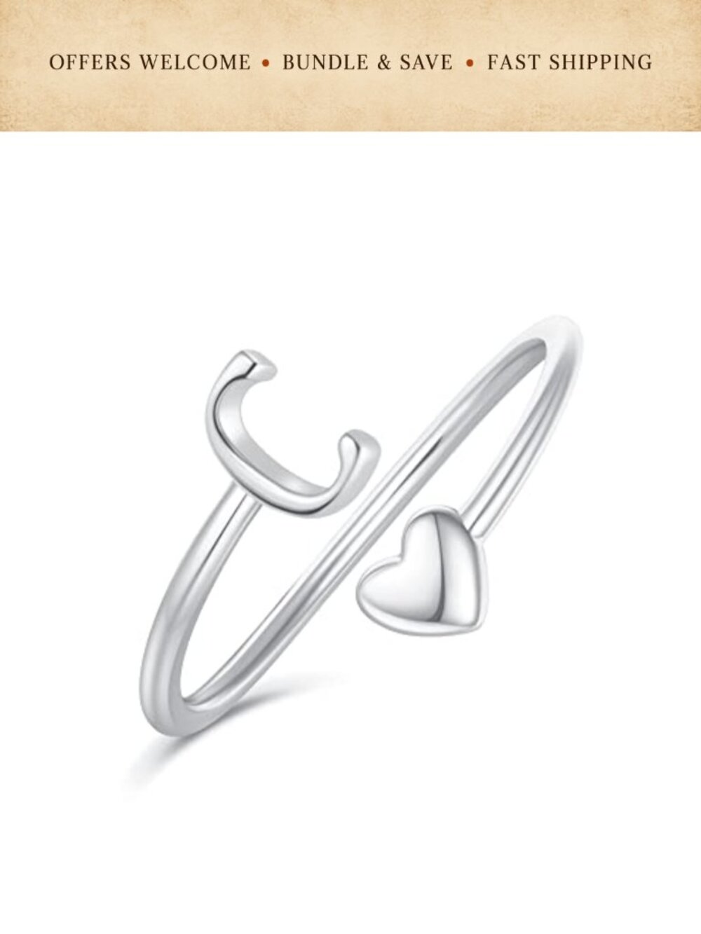 Gold Plated Heart Initial Stacking Rings Adjustable Open Band Jewelry Gift